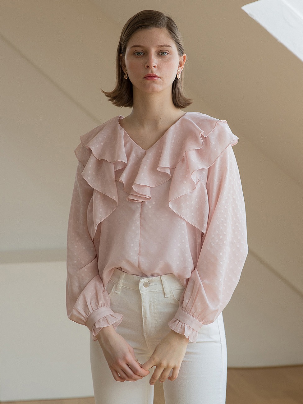 Neck Double Ruffle Blouse Pink
