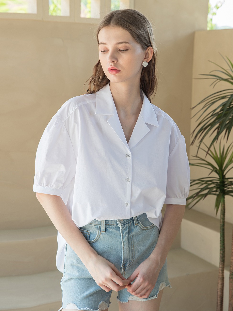 Loose Fit Open Collar Blouse White
