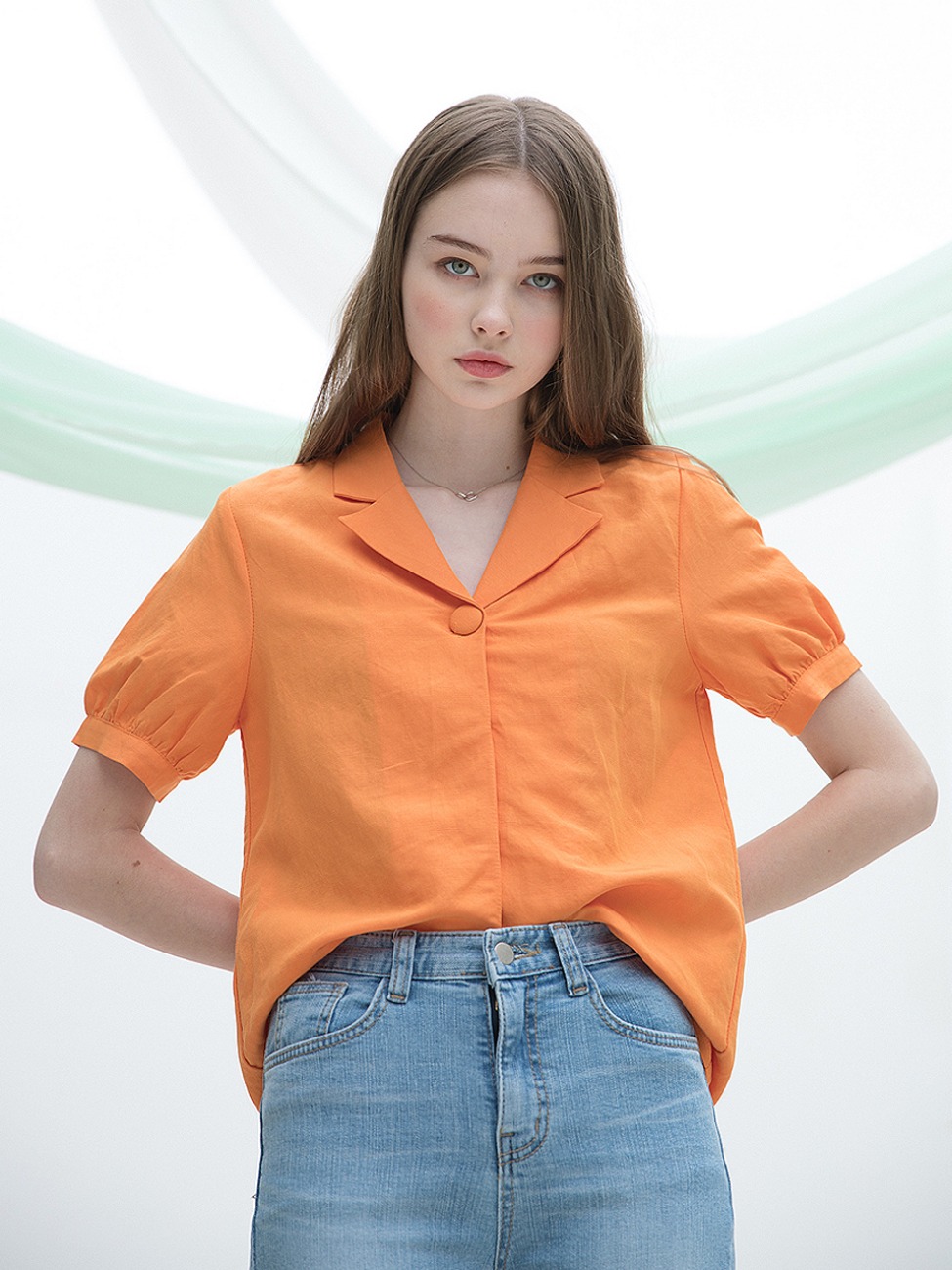 Linen Point Button Blouse Orange