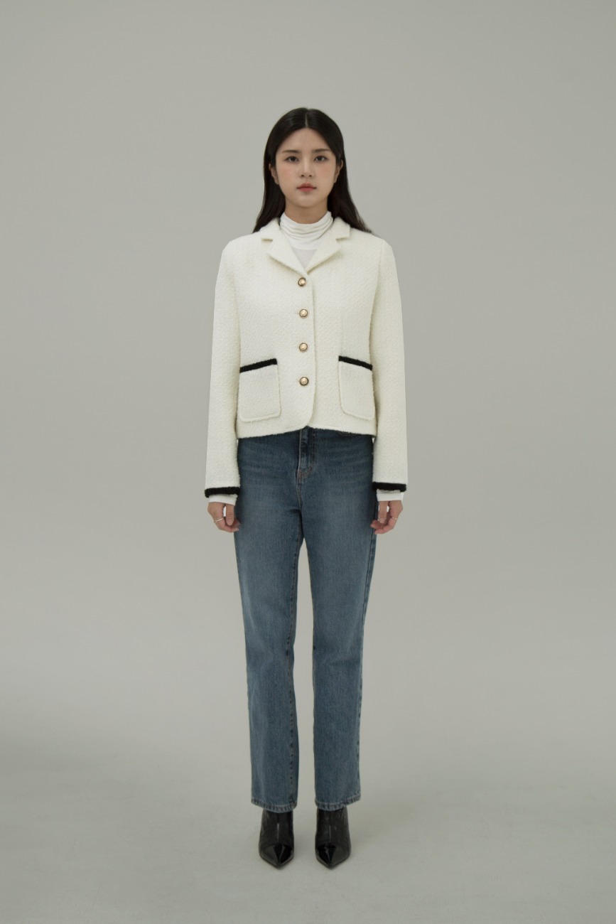 Tweed Wool Single Jacket Ivory