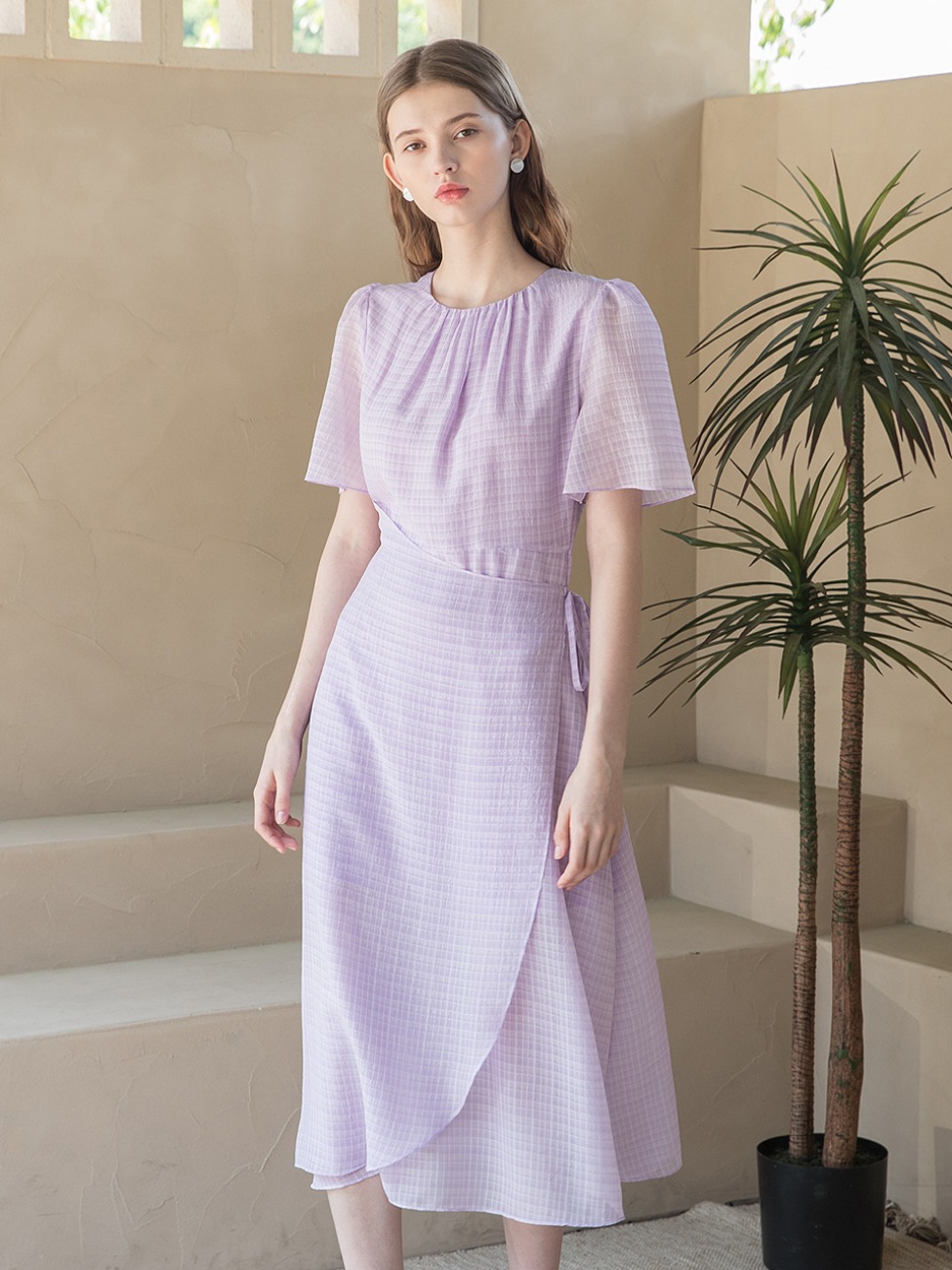 Chiffon Wrap Half Sleeve Dress Purple
