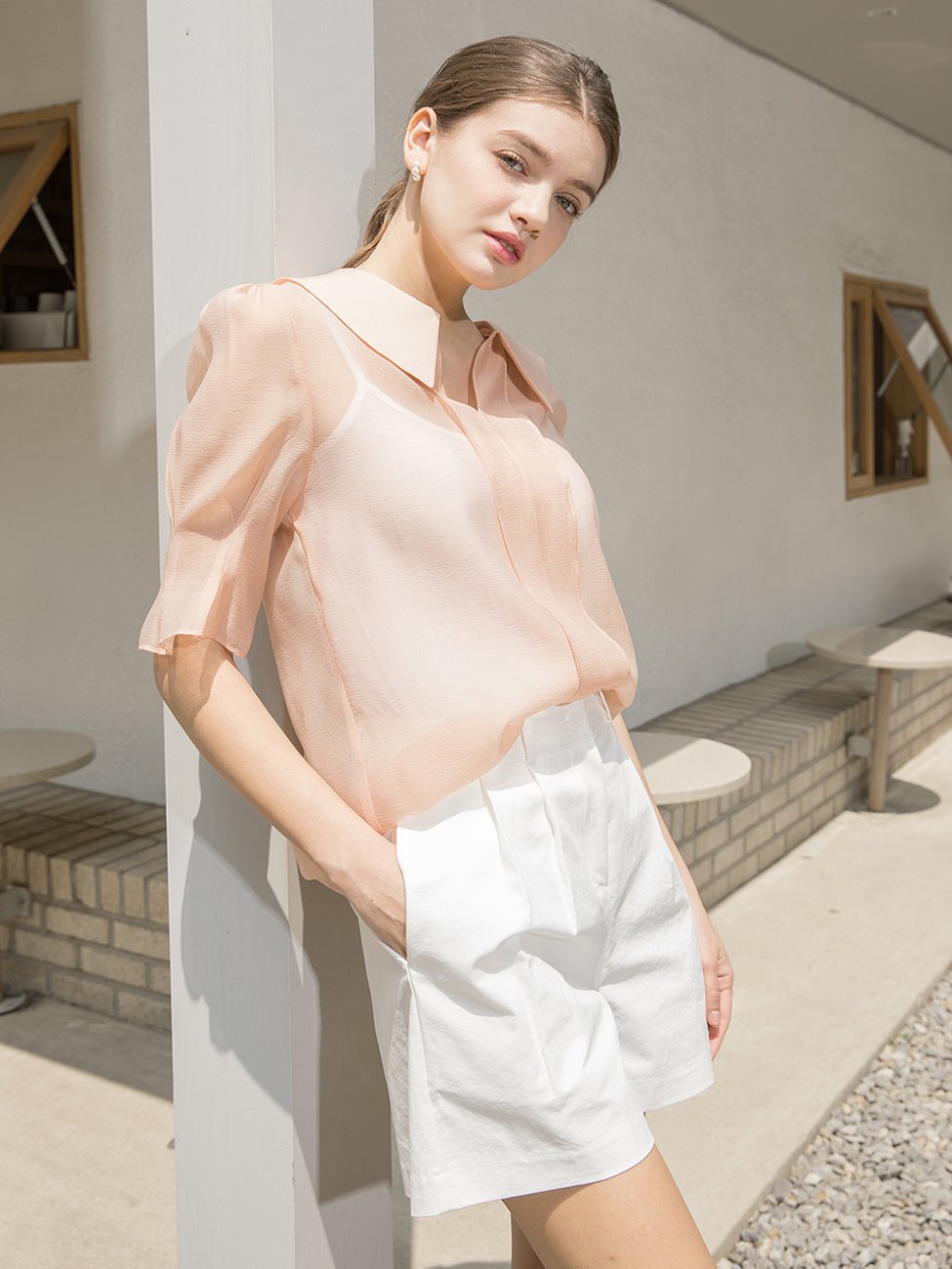 Front Frill Collar Blouse Peach